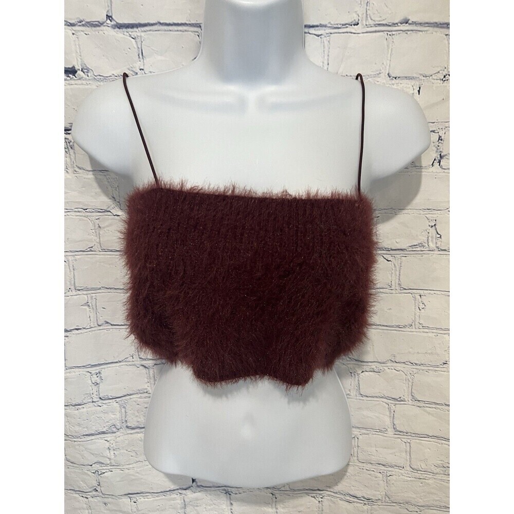 NWT Zara Burgundy Soft Feel Fuzzy Crop Spaghetti Strap Y2K Tank Top Size Large